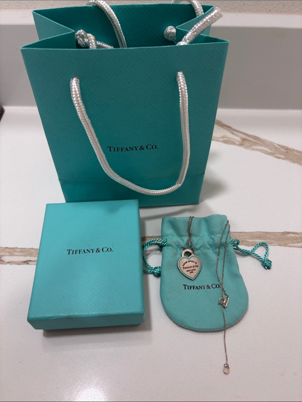 Tiffany & Co. Silver Heart Tag Necklace With Signature Blue Accessories